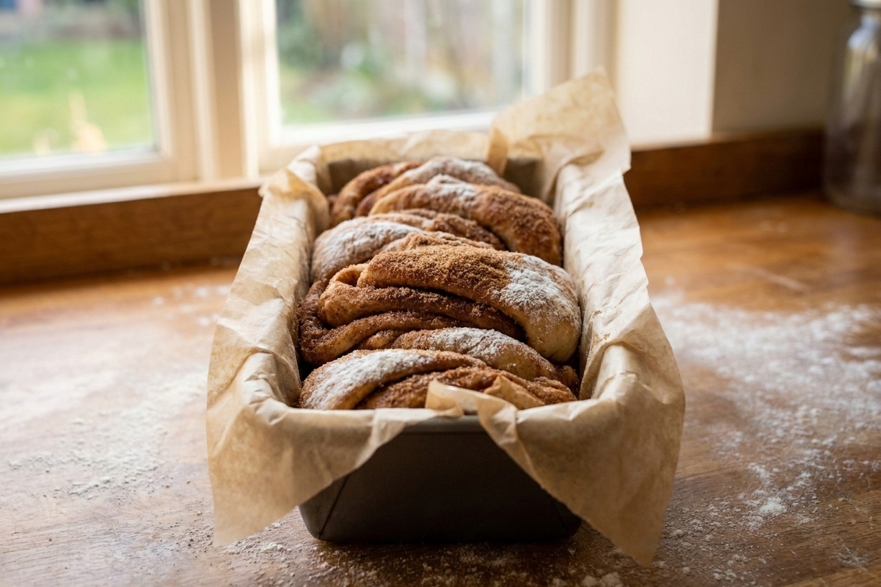 Stacked cinnamon sugar dough sections standing upright in a parchment-lined loaf pan on a kitchen counter