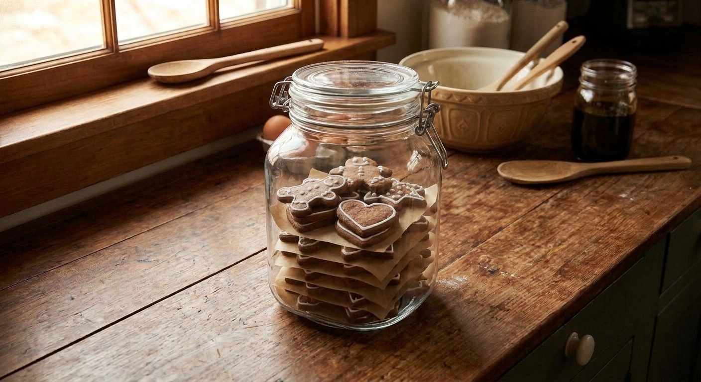 Stacked gingerbread cookies separated by parchment paper inside a clear airtight container on a kitchen counter