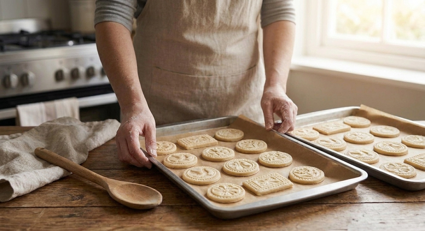 Stamped Springerle cookies arranged on parchment-lined baking sheets resting uncovered on a kitchen counter