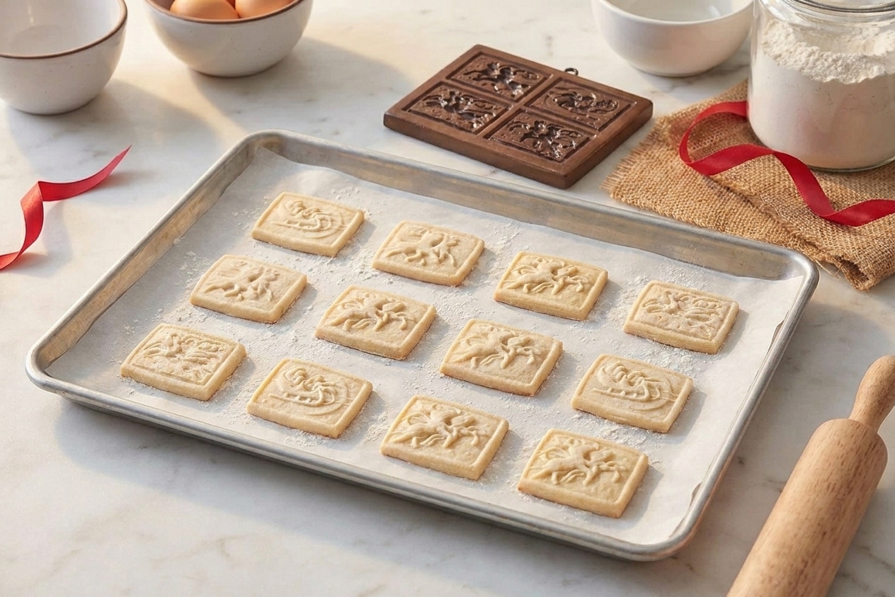 Stamped Springerle cookies resting on a parchment-lined baking sheet to dry before baking, in a softly lit kitchen