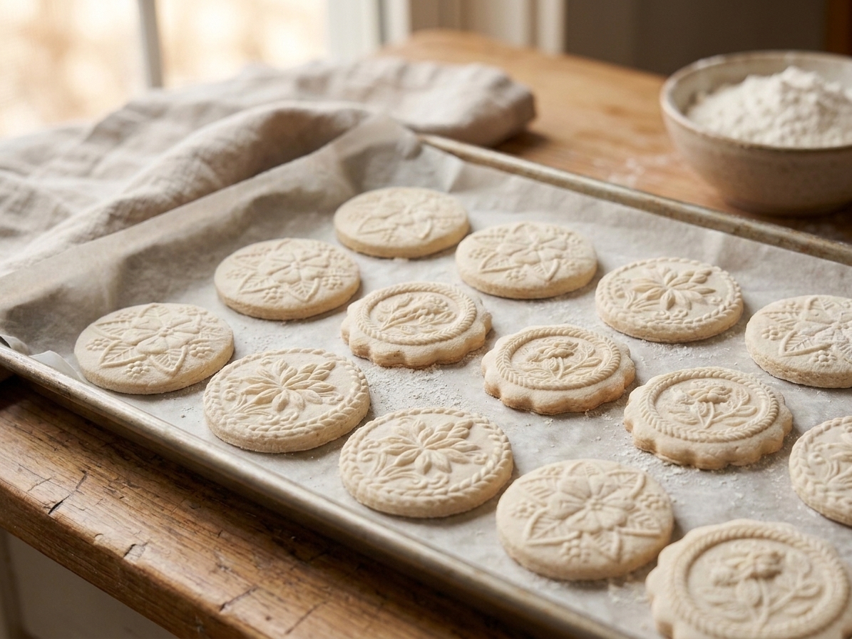 Stamped springerle cookies arranged on a parchment-lined baking sheet, showing crisp patterns before baking