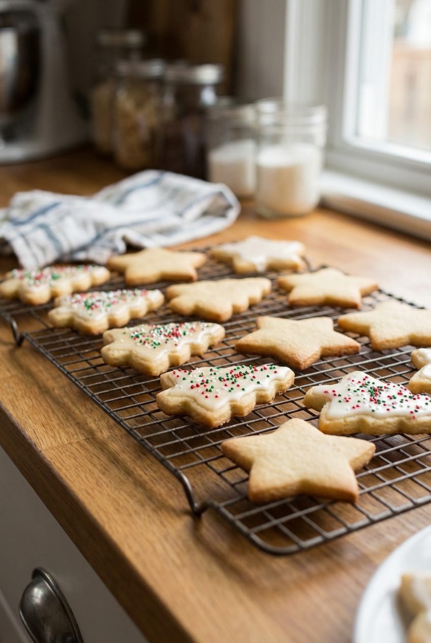 Star and tree shaped sugar cookies cooling on a wire rack