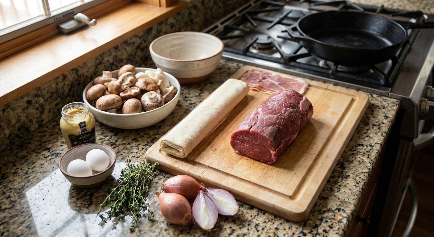 Steak Wellington ingredients arranged on a kitchen counter: beef tenderloin, puff pastry, mushrooms, prosciutto, Dijon mustard, eggs, thyme, and shallots