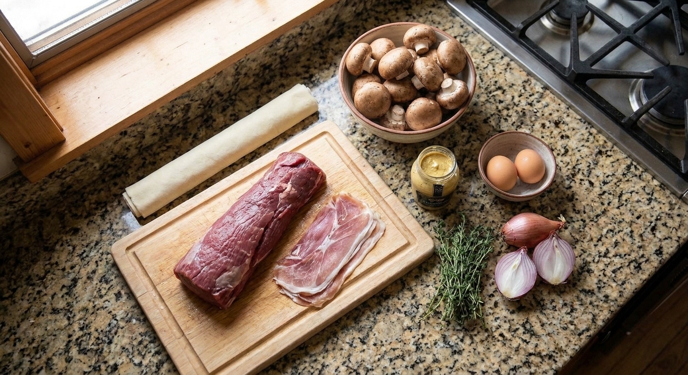 Steak Wellington ingredients arranged on a kitchen counter: beef tenderloin, puff pastry sheets, mushrooms, prosciutto, Dijon mustard, eggs, thyme, and shallots