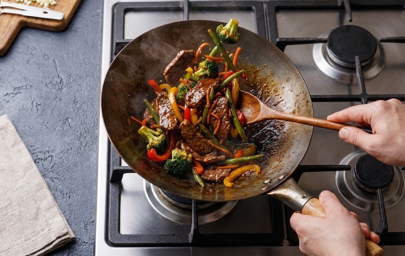 Steak and vegetables being tossed in a wok with a glossy sauce, captured mid-stir on a stovetop with a wooden spoon