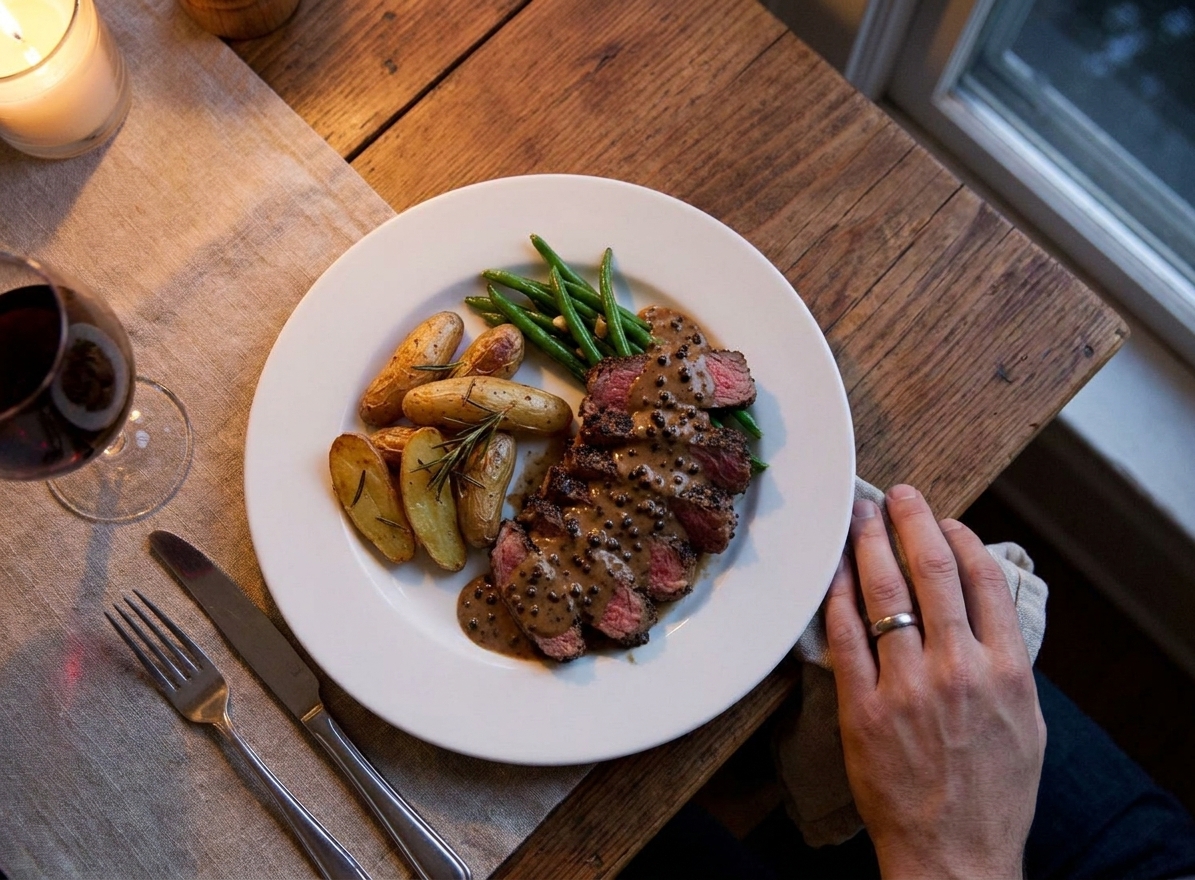 Steak au poivre served on white plates with peppercorn cream sauce and a simple side, set on a cozy dinner table with warm lighting