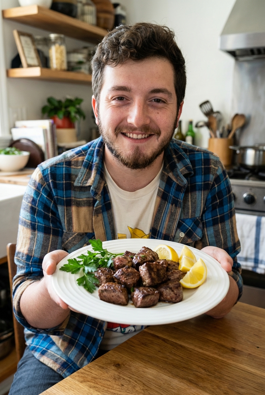 Steak bites plated with parsley and lemon wedges on a dinner plate