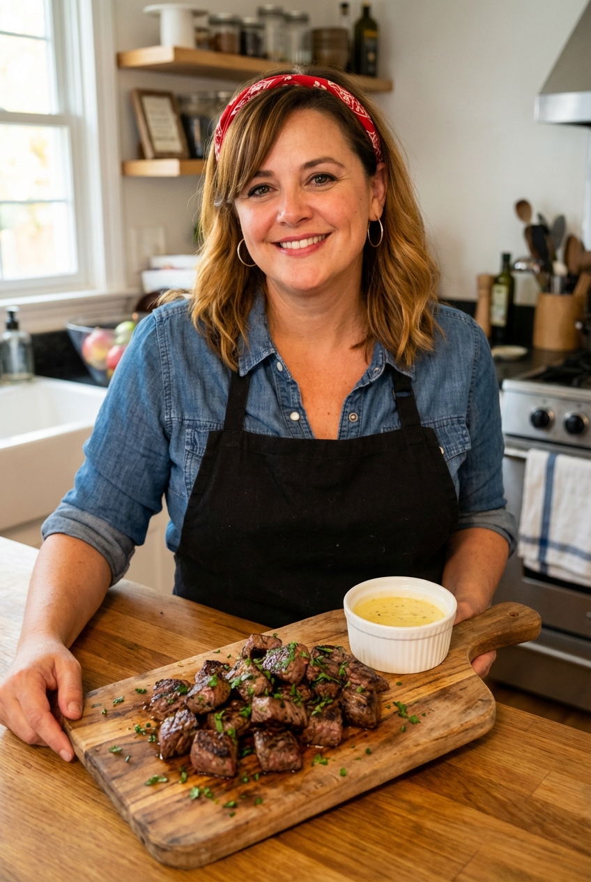 Steak bites resting on a cutting board while a small bowl of lemony sauce sits nearby