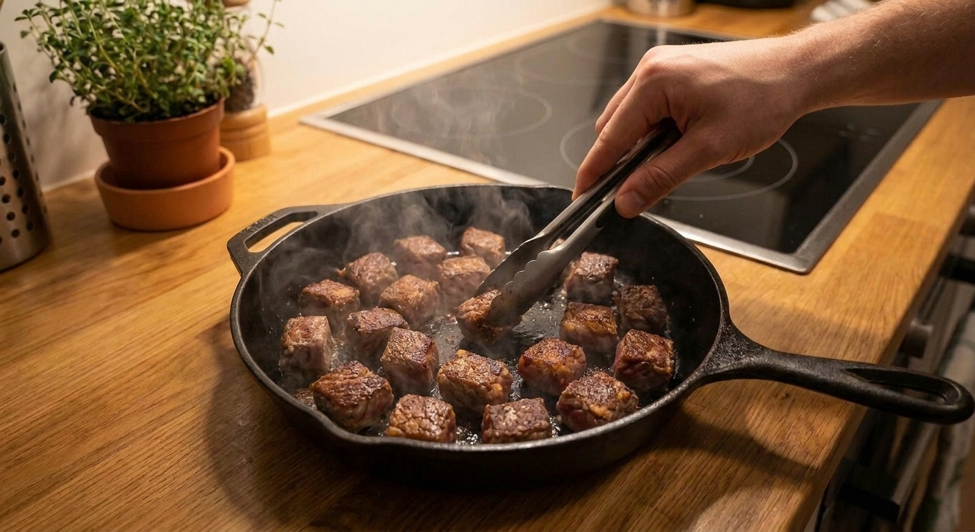 Steak bites searing in a hot cast iron skillet with browned crust forming on the edges on a stovetop
