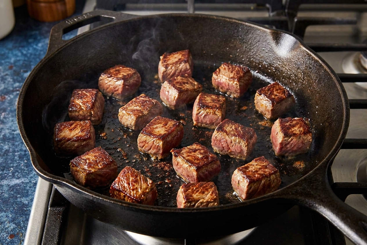 Steak cubes browning in a cast iron skillet with caramelized edges and space between pieces for proper searing