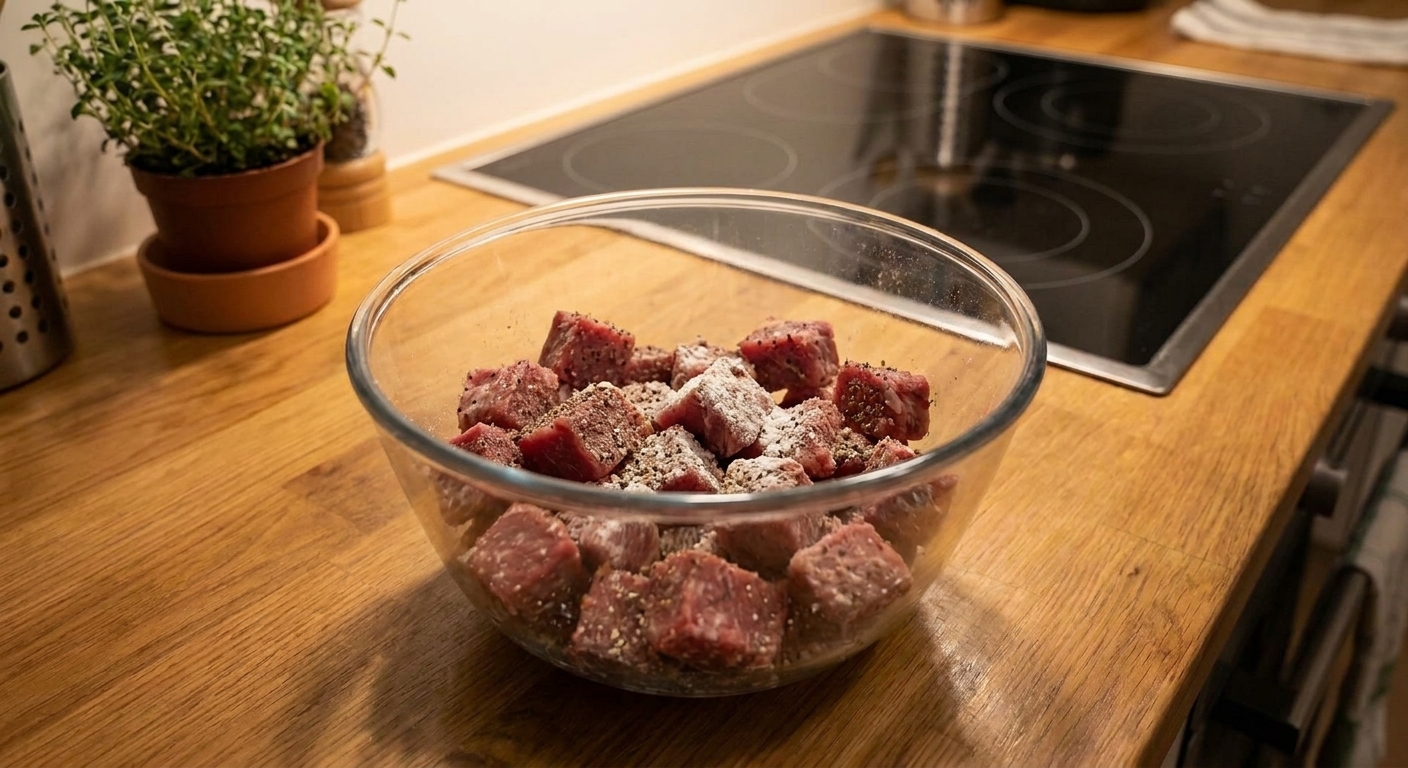 Steak cubes in a mixing bowl coated with salt, pepper, and a light dusting of cornstarch on a kitchen counter