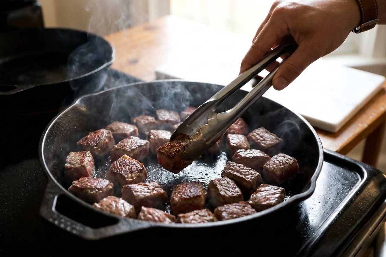Steak cubes searing in a cast iron skillet with browned crust forming, light smoke rising, and tongs turning one piece