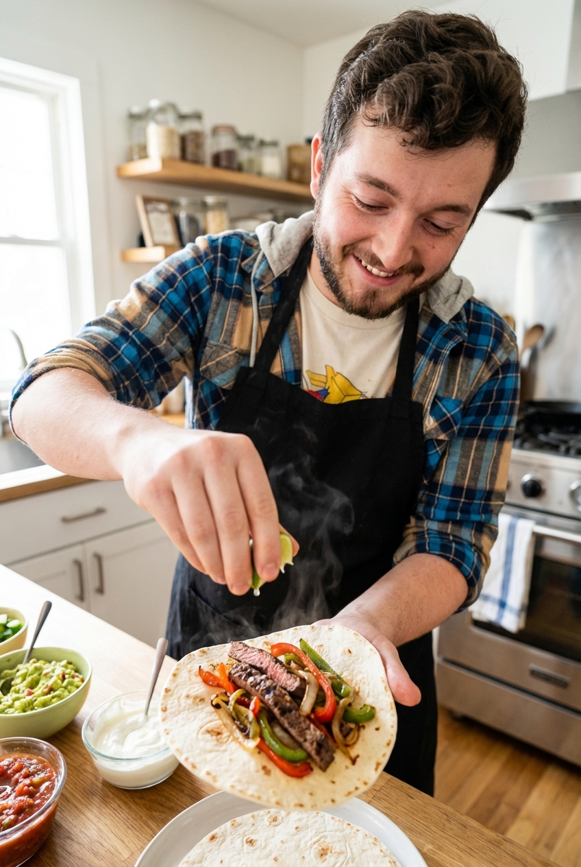 Steak fajitas being assembled in a warm tortilla with peppers, onions, and a squeeze of lime