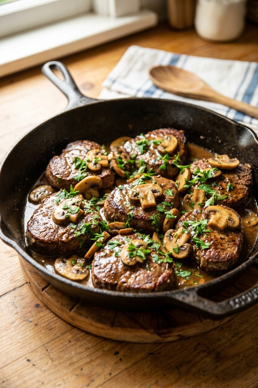 Steak medallions in a cast iron skillet, coated in a glossy brandy mushroom pan sauce with sliced mushrooms and chopped parsley