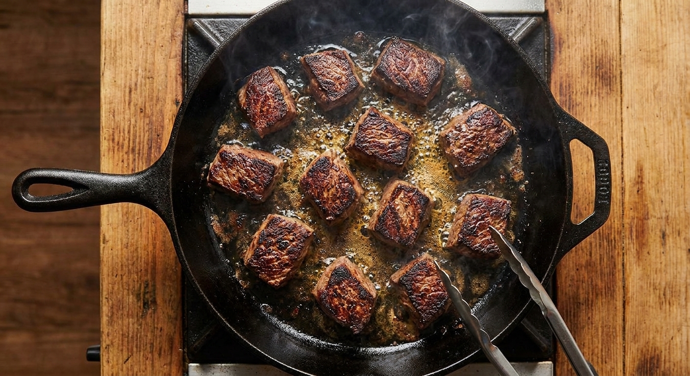 Steak pieces being seared in a hot cast iron skillet with sizzling oil, a browned crust forming on the surface