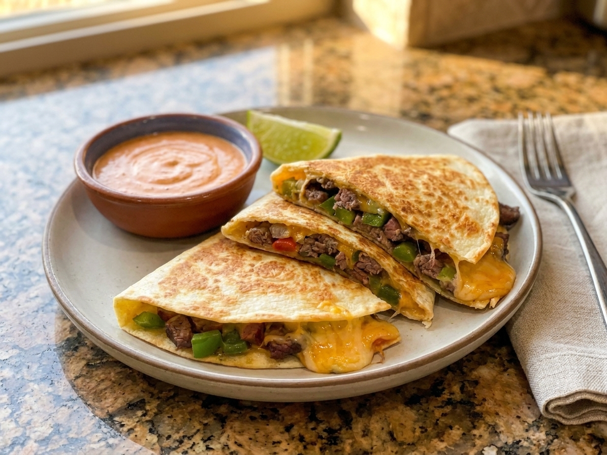 Steak quesadilla wedges arranged on a plate with a small bowl of chipotle lime sauce and a lime wedge on a simple dinner table setting