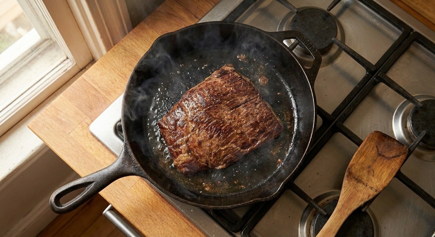 Steak searing in a hot cast iron skillet with visible browning and a light wisp of steam, shot from above on a home stove