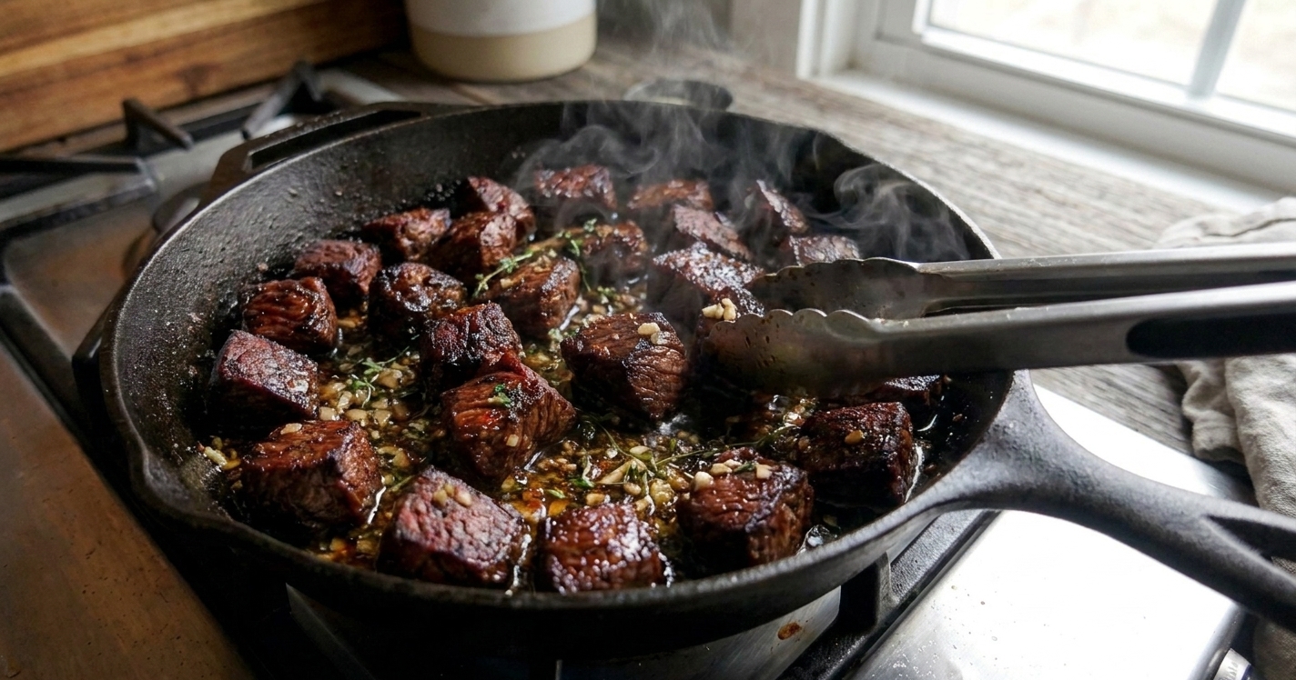 Steak tips browning in a cast iron skillet with visible crisp edges and light pan smoke on a home stove