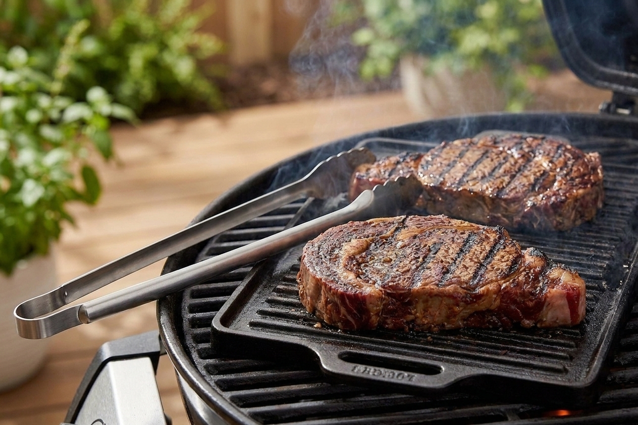 Steaks cooking on a backyard grill with visible char marks forming, tongs nearby