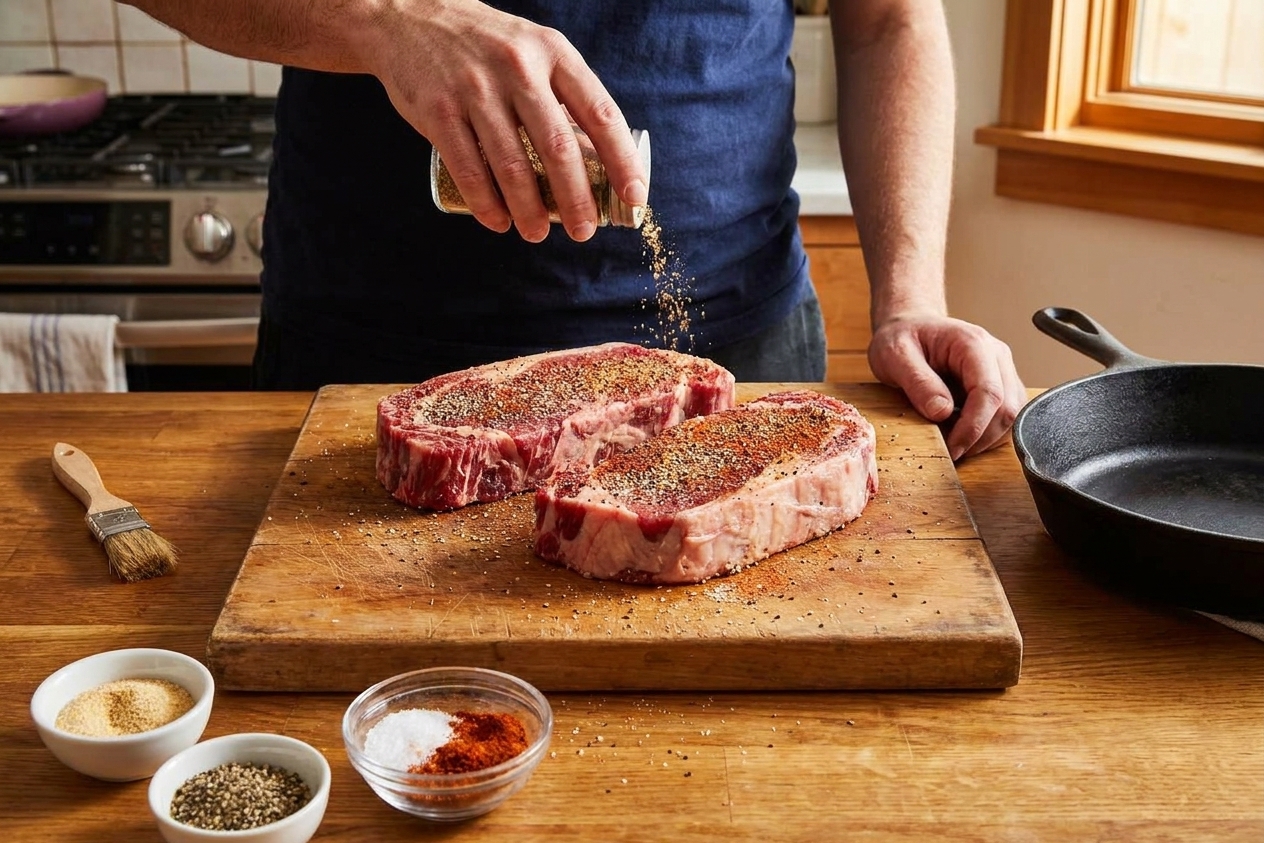 Steaks on a cutting board being seasoned evenly with a spice rub in a home kitchen