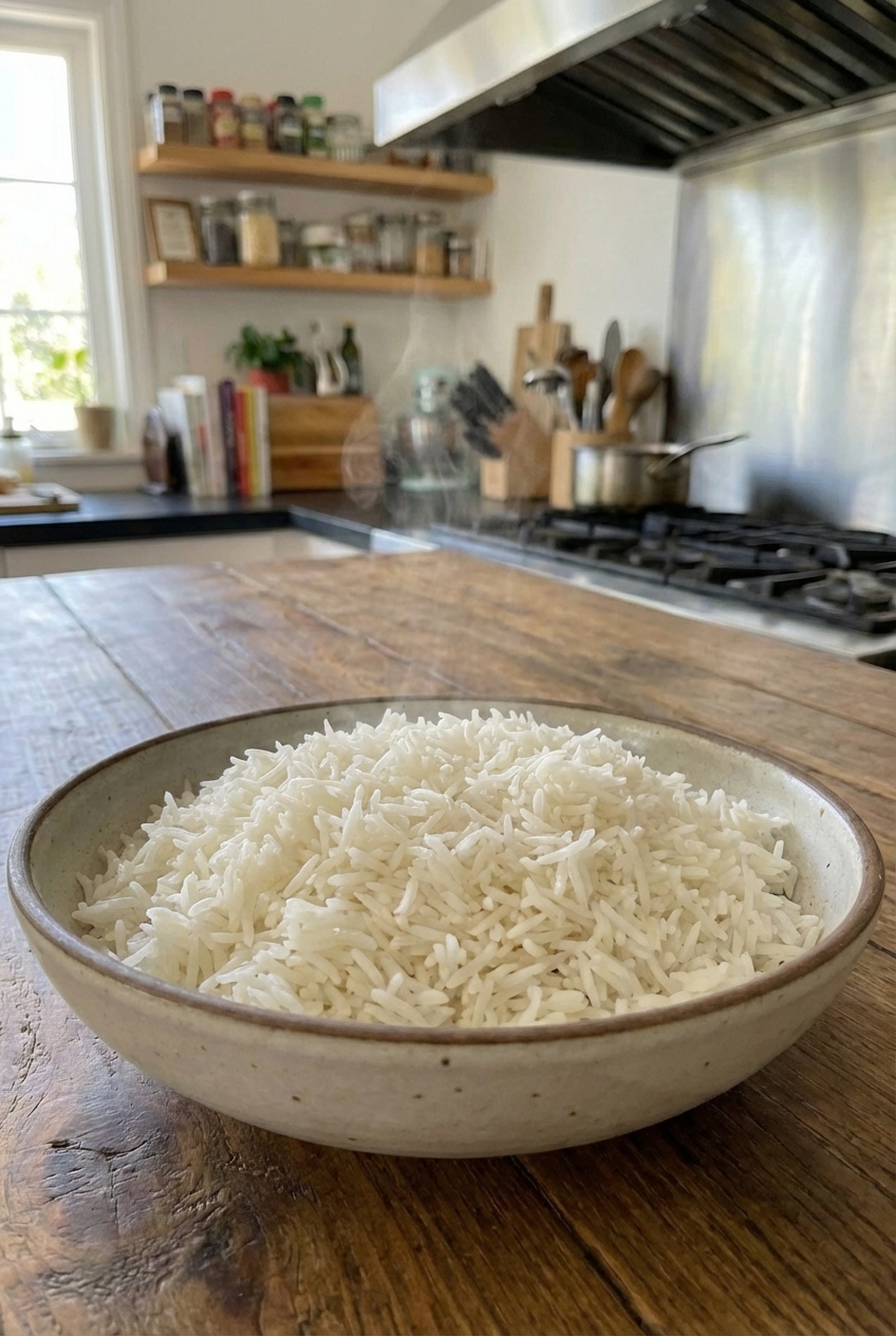 Steamed basmati rice in a bowl with fluffy separated grains