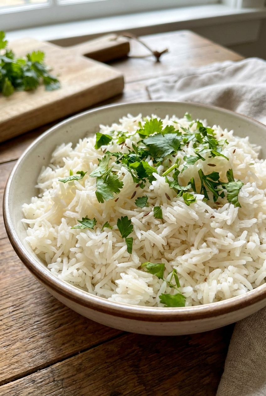 Steamed basmati rice in a bowl with scattered herbs on top