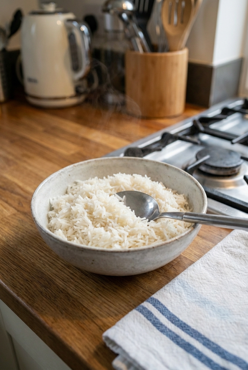Steamed basmati rice in a white bowl with a spoon