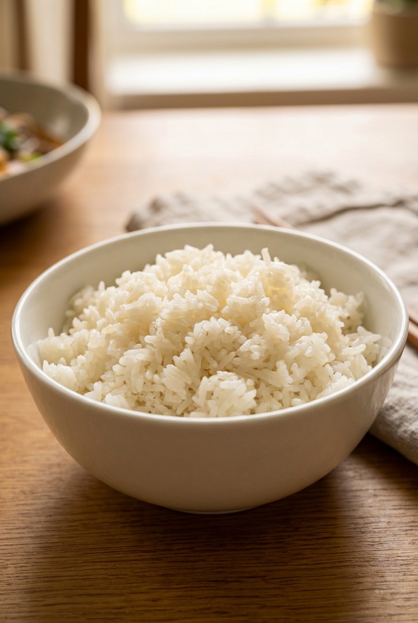 Steamed jasmine rice in a white bowl