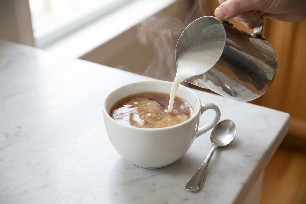 Steamed, lightly frothed milk being poured into a mug of strong Earl Grey tea on a kitchen counter