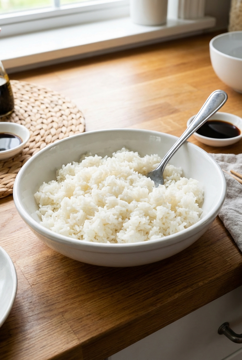 Steamed white rice in a bowl with a fork