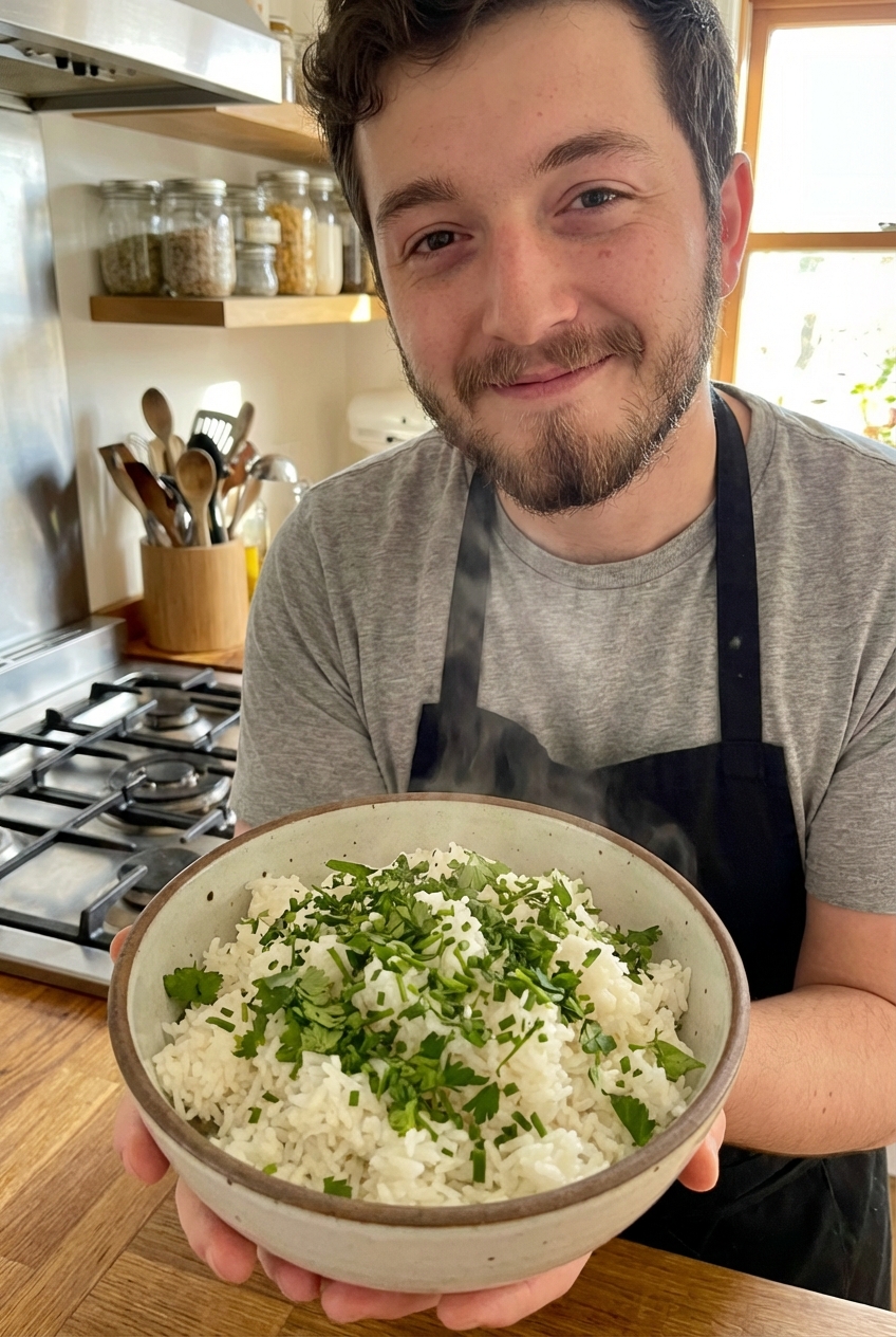 Steamed white rice in a bowl with chopped herbs