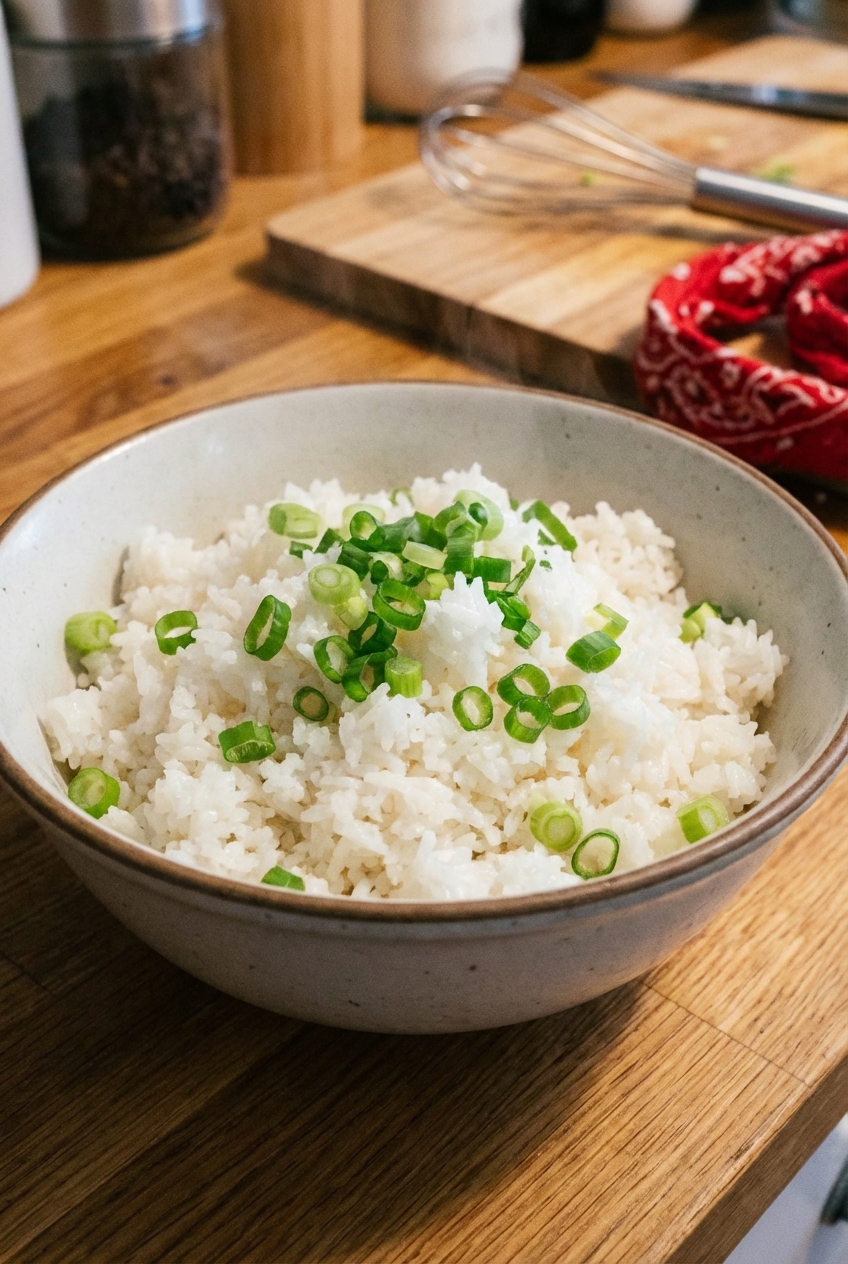Steamed white rice in a bowl with scallions on top