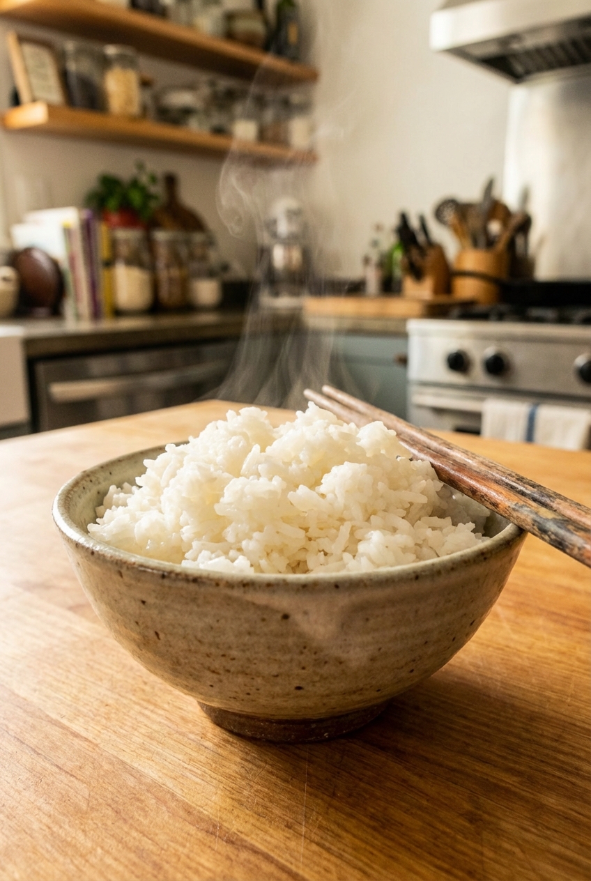 Steamed white rice in a small bowl with chopsticks resting on the side