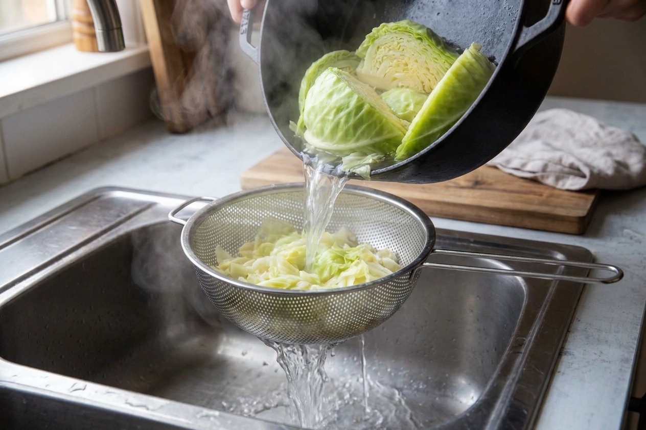 Steaming boiled cabbage wedges being poured into a colander in a sink, with water draining away