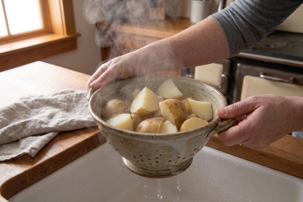 Steaming boiled potato chunks draining in a colander over a sink