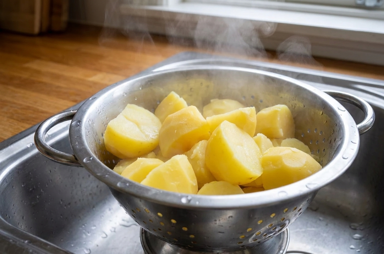 Steaming boiled potato chunks draining in a colander in a kitchen sink