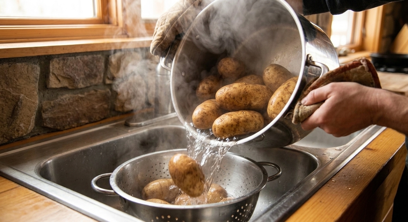 Steaming boiled potatoes being poured into a colander in a sink with warm kitchen lighting