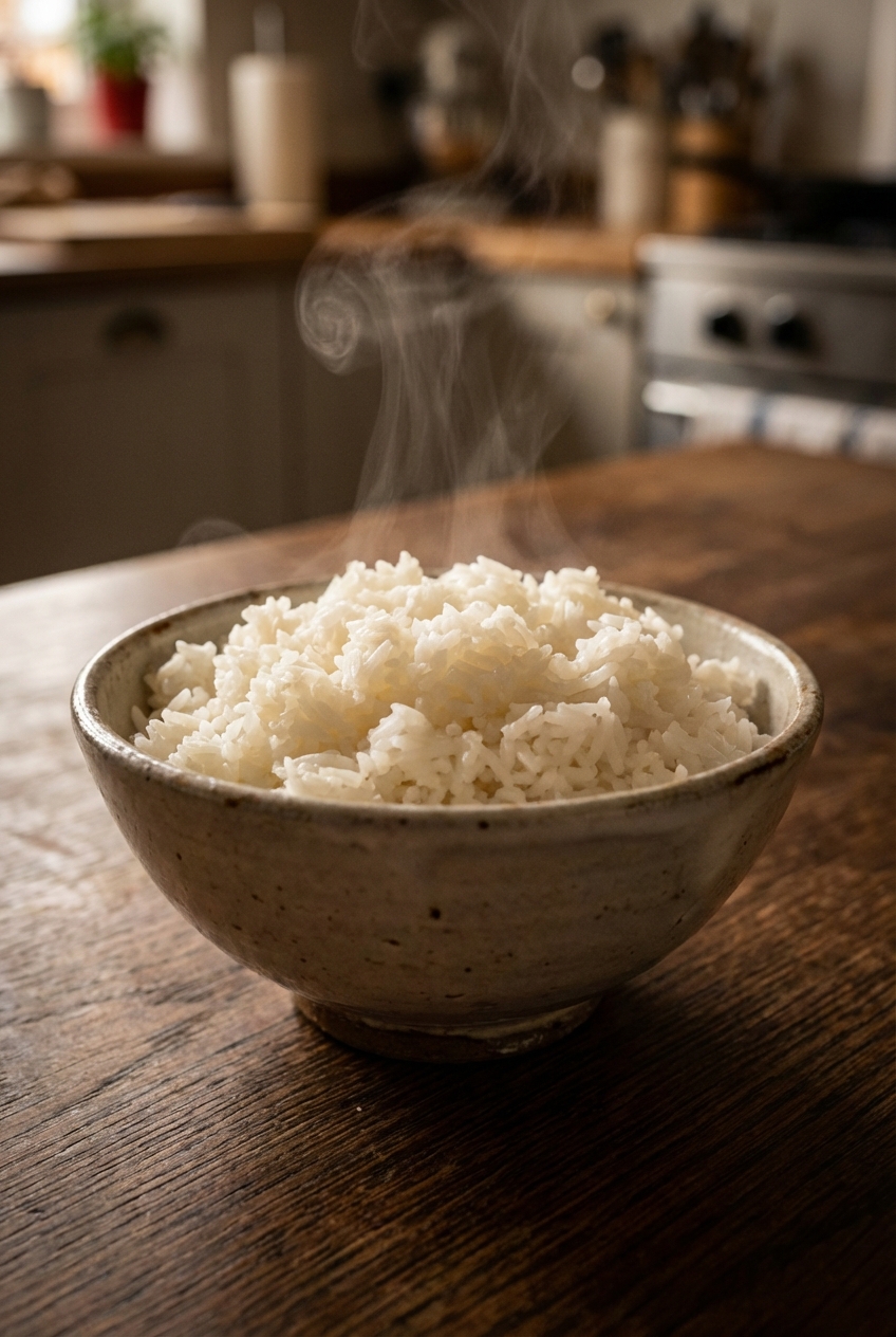 Steaming bowl of jasmine rice on a wooden table