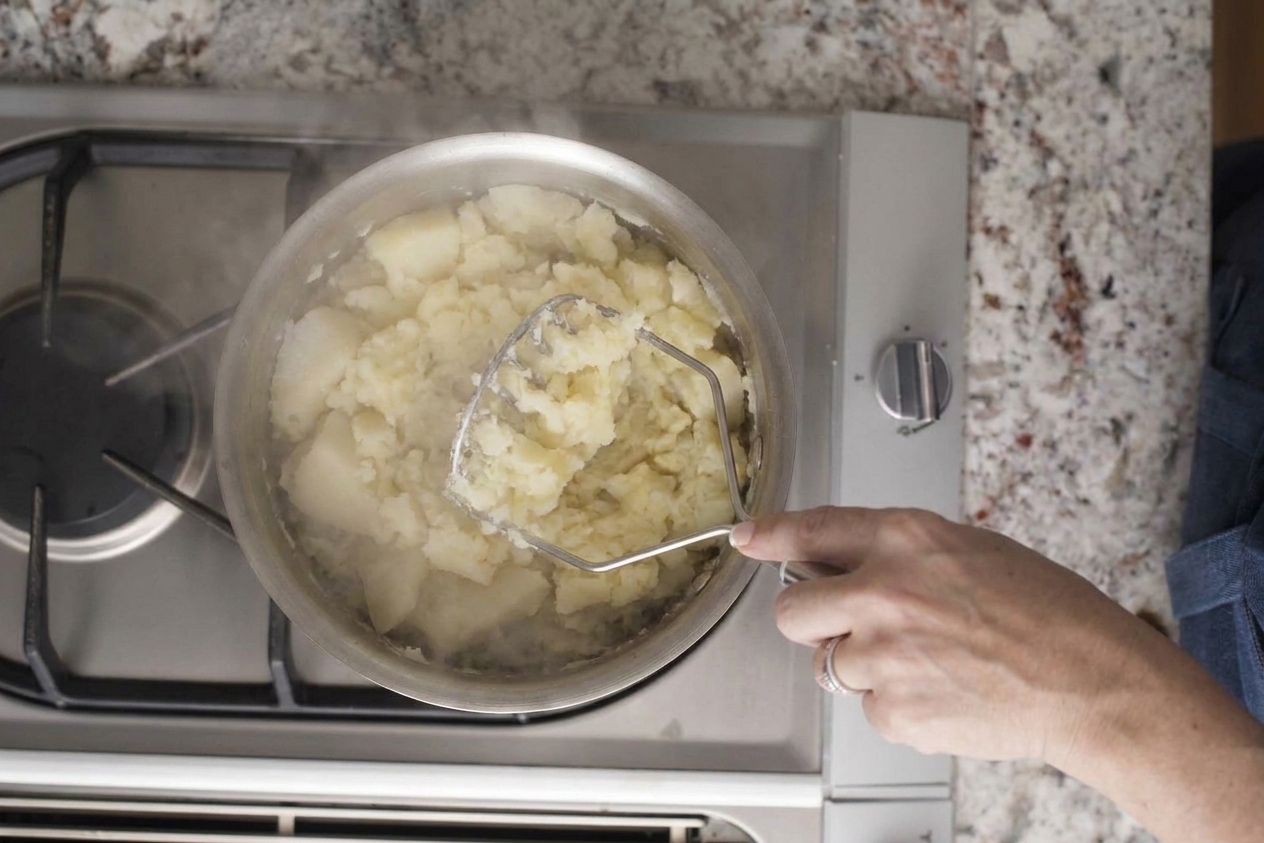 Steaming mashed potatoes in a large pot with a potato masher resting inside on a clean stovetop