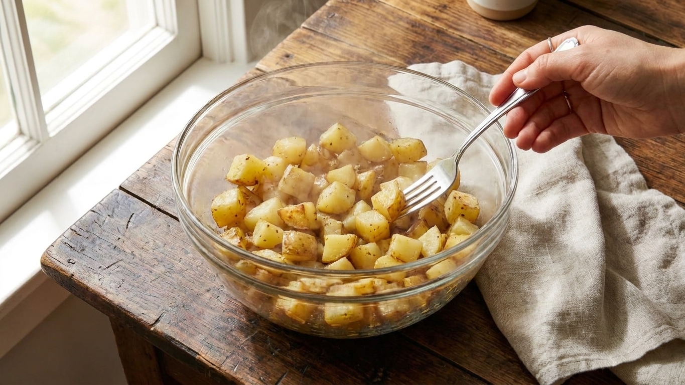 Steaming par-cooked diced potatoes in a glass bowl on a kitchen counter with a towel nearby