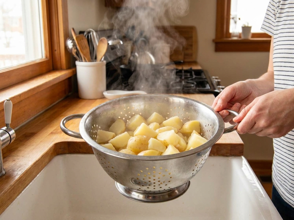 Steaming parboiled potato chunks in a metal colander over a sink, with a warm home kitchen in the background