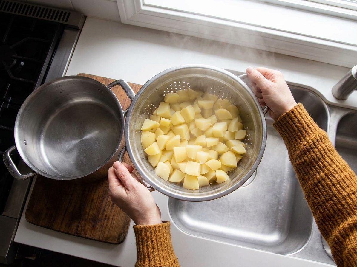 Steaming potato chunks draining in a metal colander over a sink, with a pot nearby on a home kitchen counter