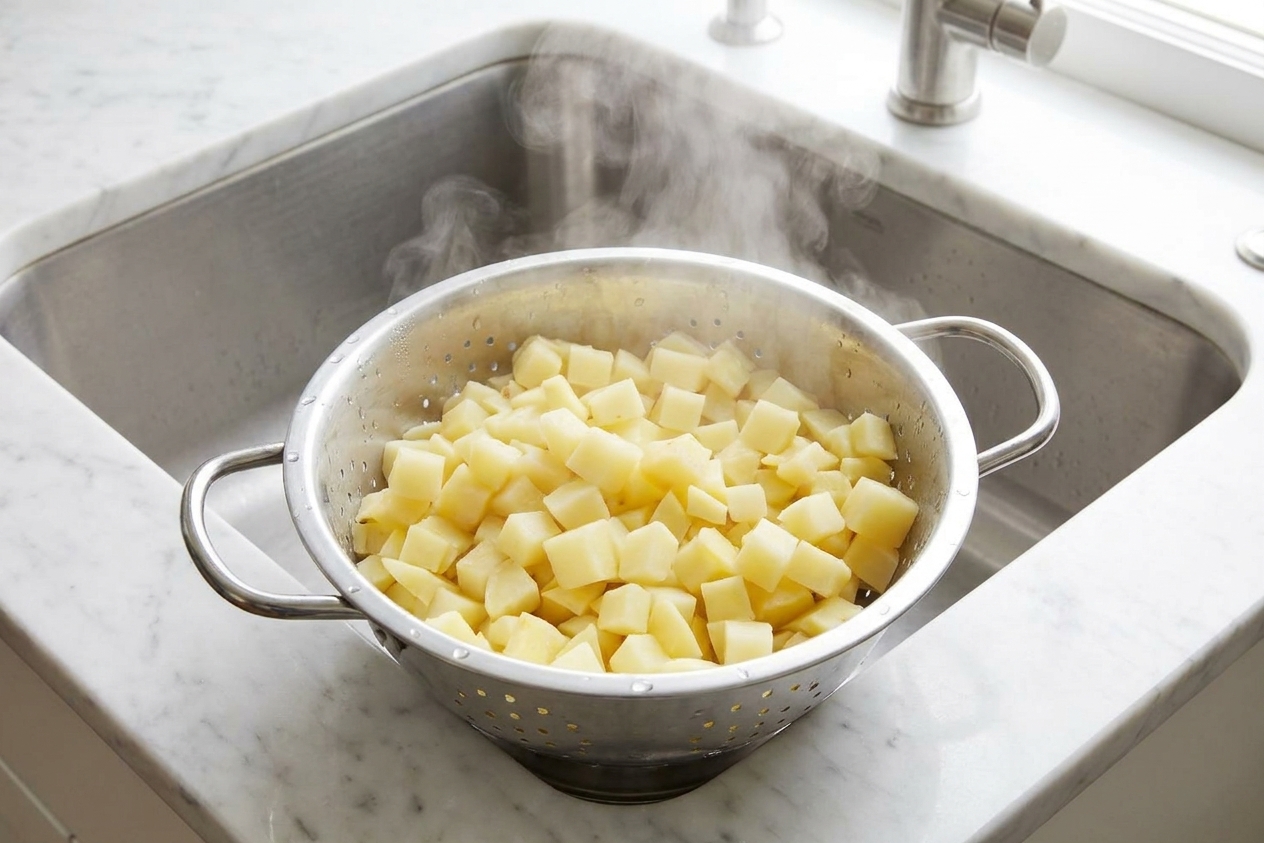 Steaming potato chunks resting in a metal colander over a sink after draining