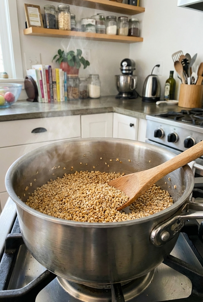 Steel cut oats being stirred in a dry saucepan as they toast