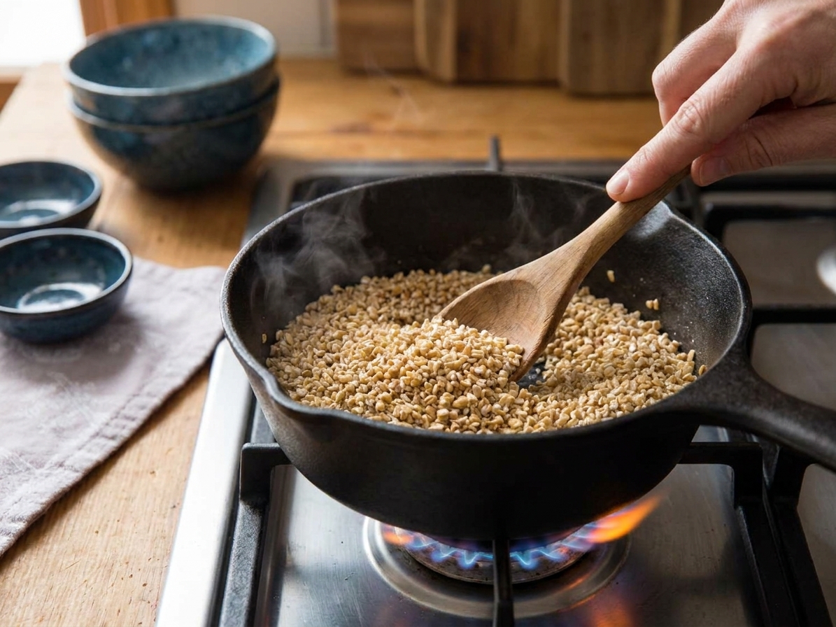 Steel cut oats being stirred in a dry saucepan as they toast on a stovetop