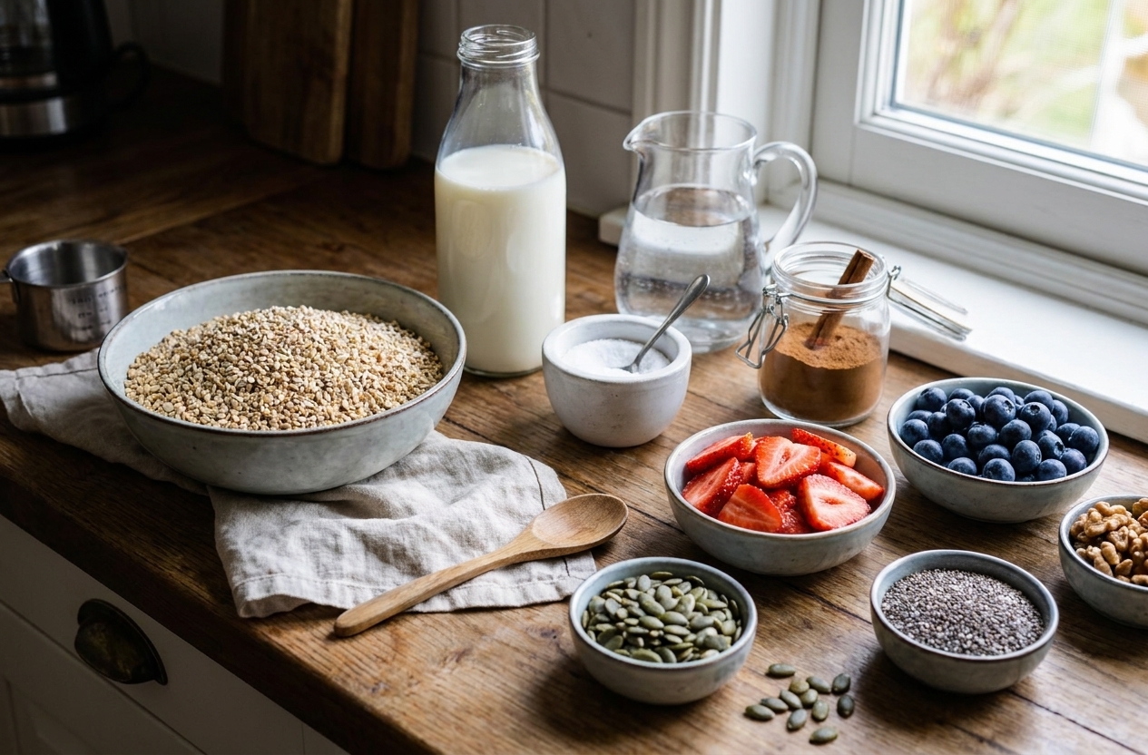 Steel-cut oats, milk, water, salt, cinnamon, and toppings arranged on a bright kitchen counter