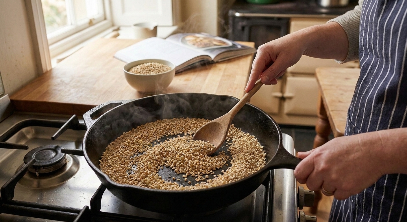 Steel cut oats toasting in a dry skillet until lightly golden on a stovetop