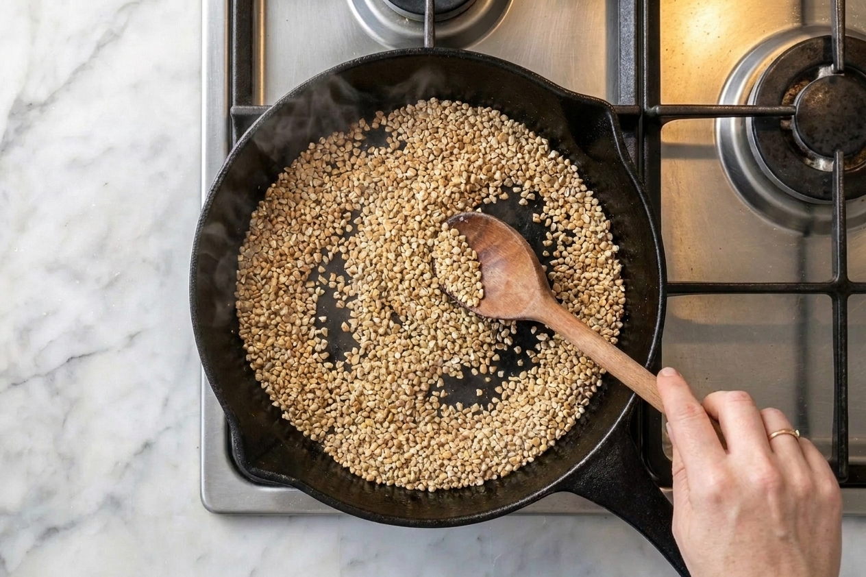 Steel cut oats toasting in a wide skillet until lightly golden, with a wooden spoon stirring on a home stovetop