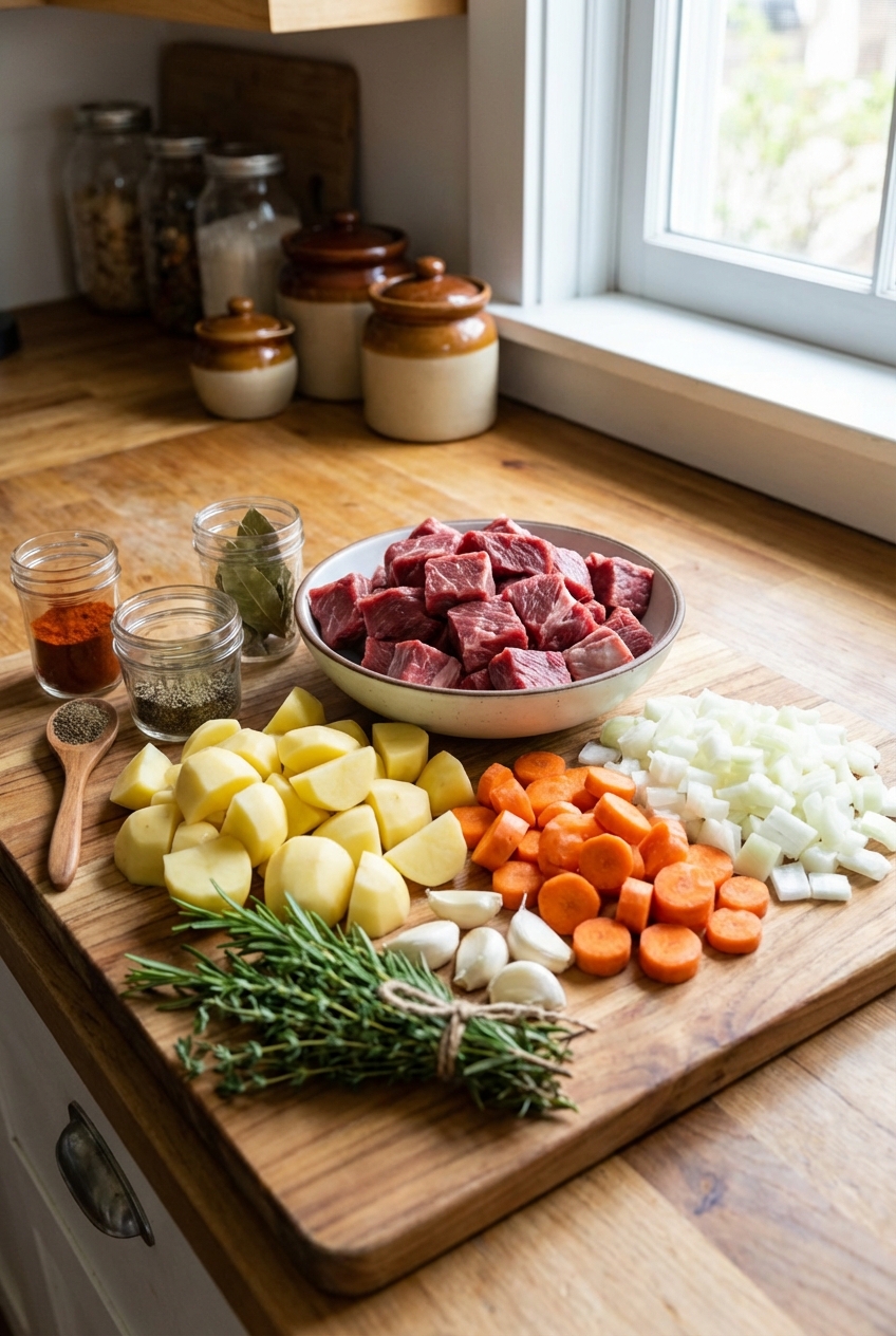 Stew ingredients on a kitchen counter including cubed beef, potatoes, carrots, onions, garlic, rosemary, thyme, and spices