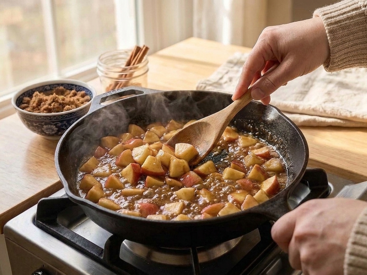 Stewed apples simmering in a skillet with a light bubbling sauce, steam rising in warm kitchen light